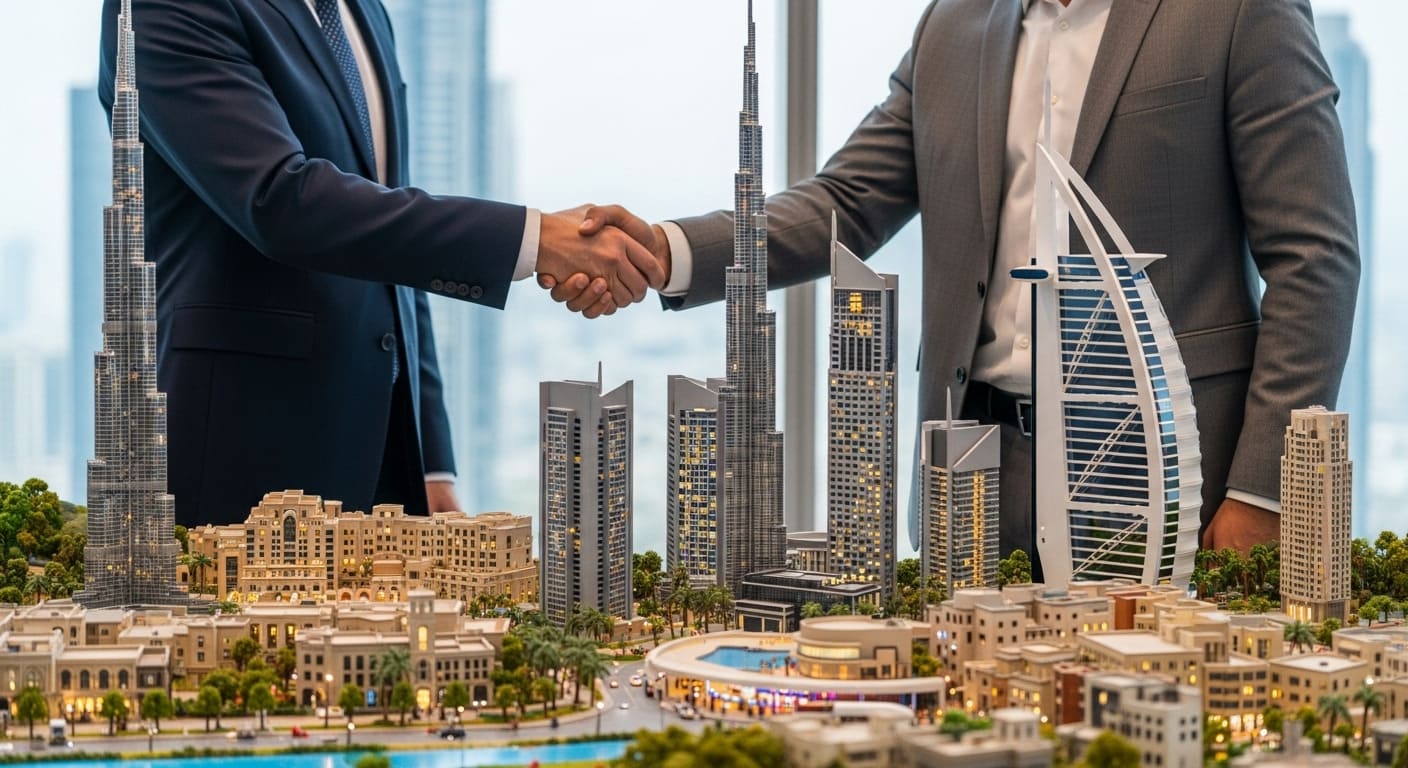 Investor and developer handshake in front of Dubai property model showing off‑plan investment deal