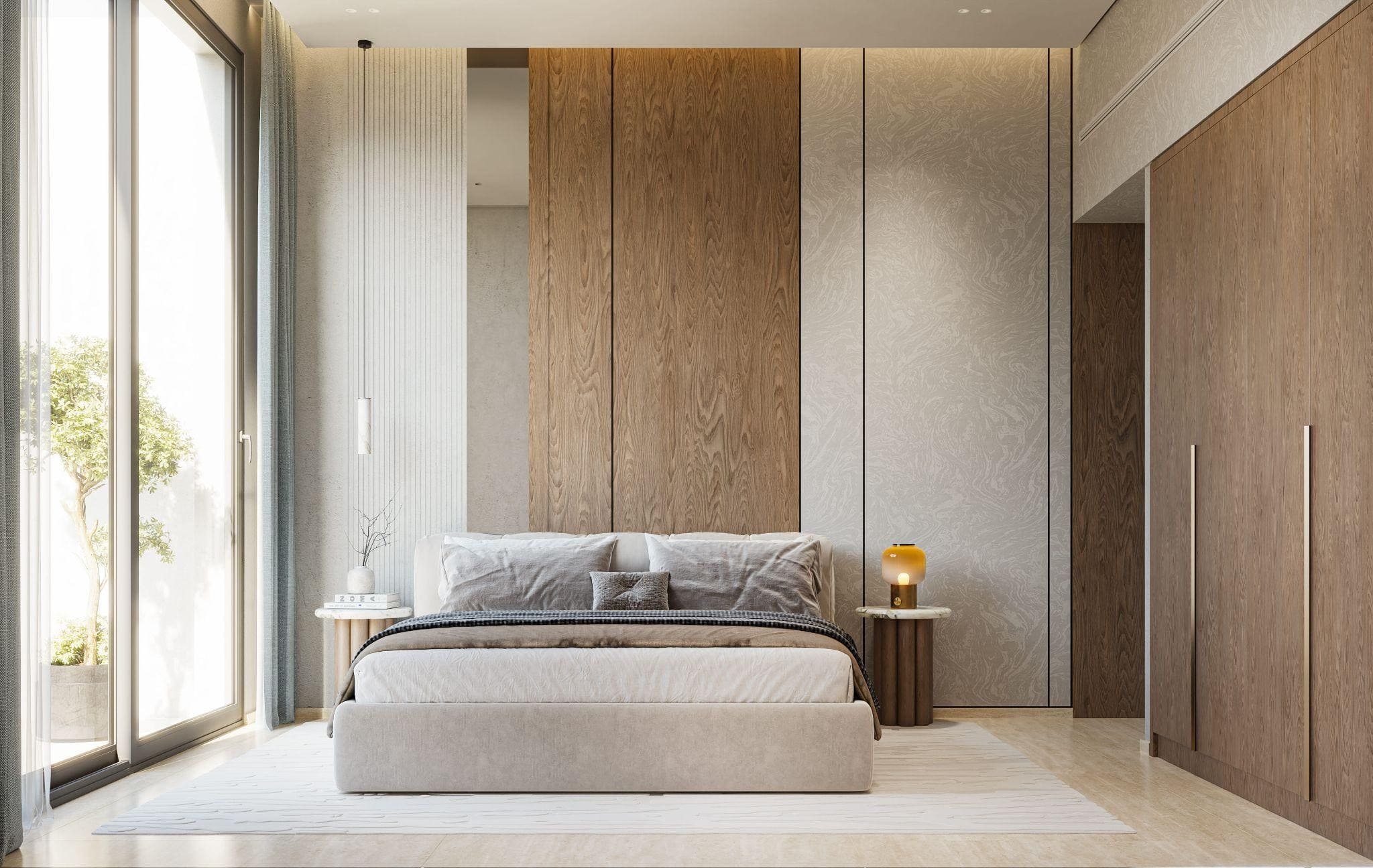 Luxury apartment interior in Dubai with abundant natural light and biophilic design elements