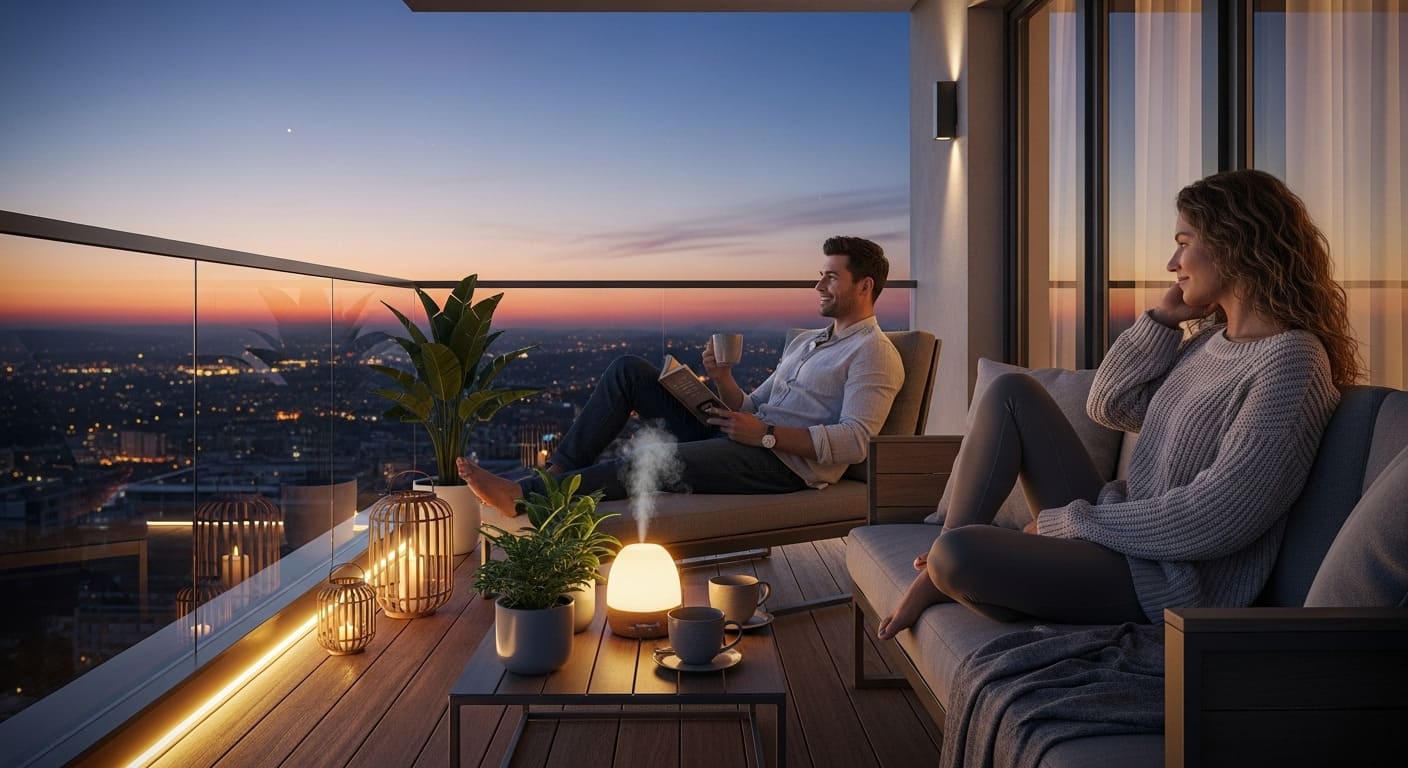 Couple on balcony of wellness‑oriented Dubai apartment enjoying sunset city view