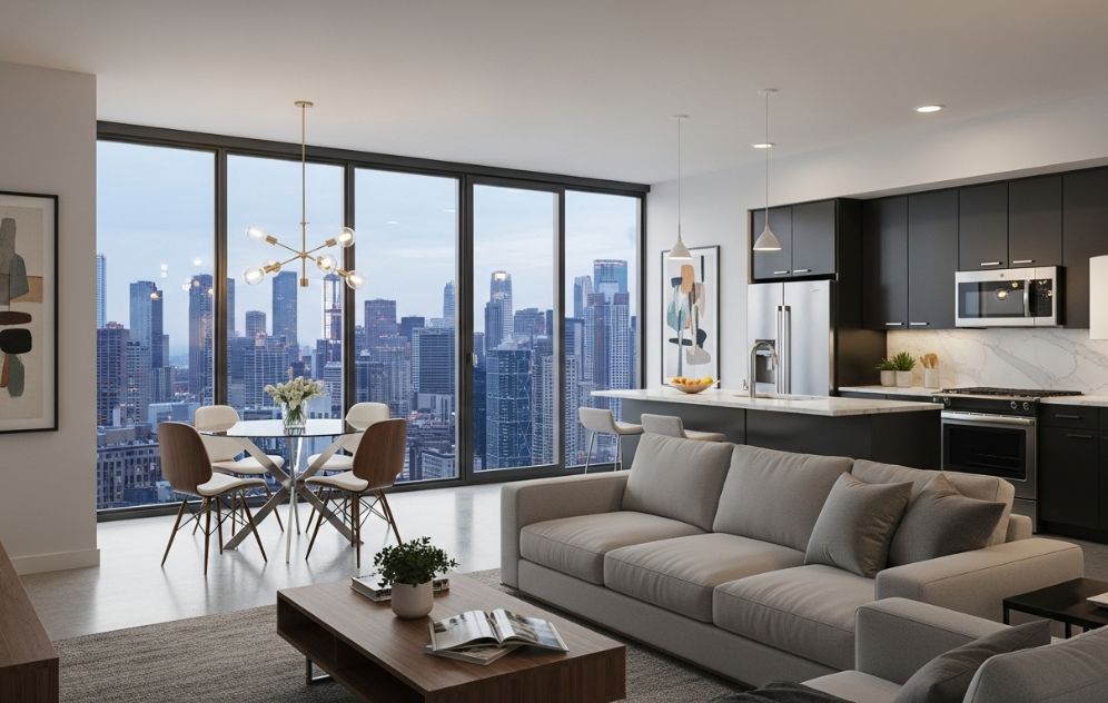 Luxury Dubai apartment interior with skyline view and modern design