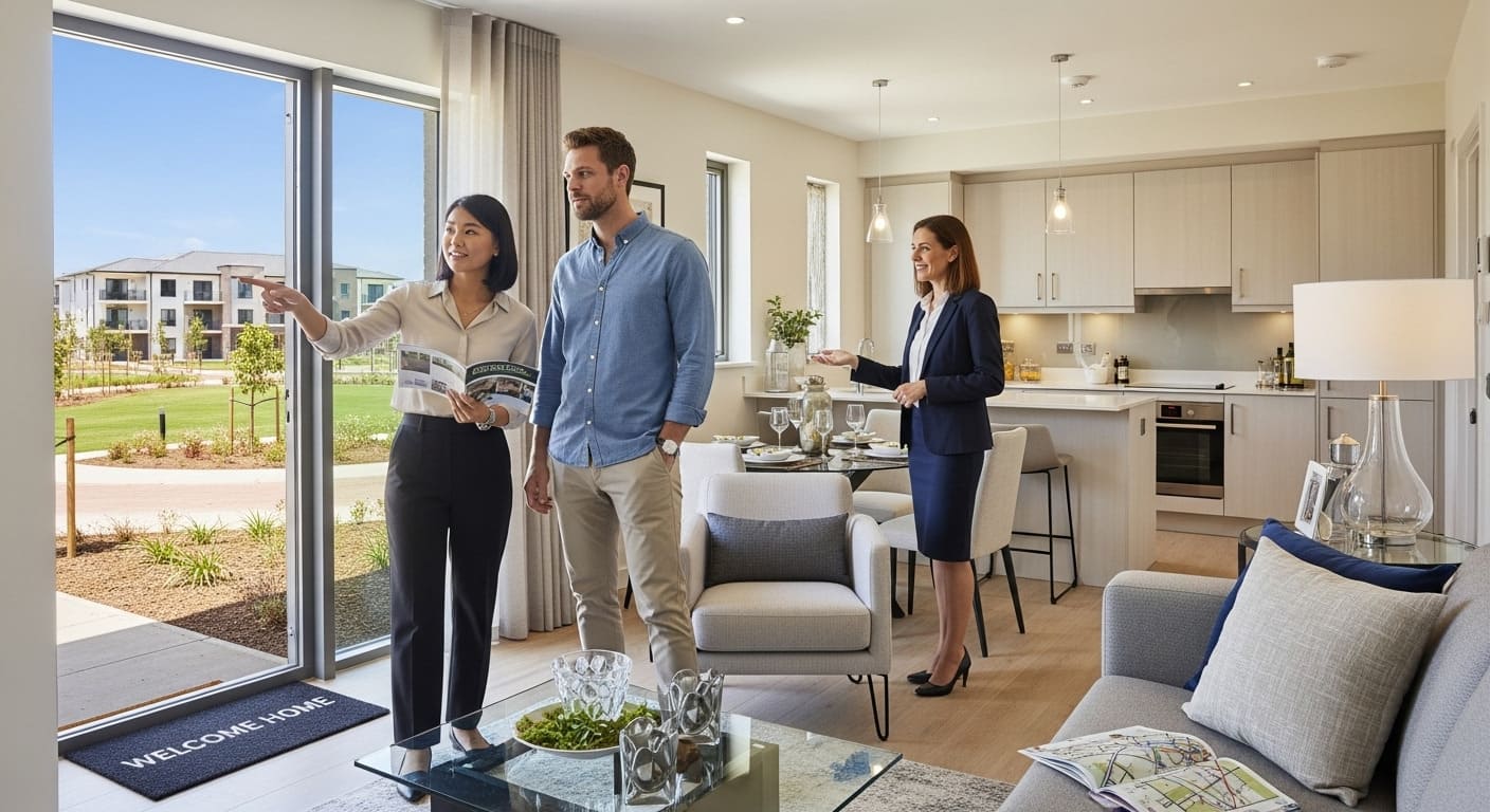 Expat couple touring Dubai show apartment in family‑friendly residential community