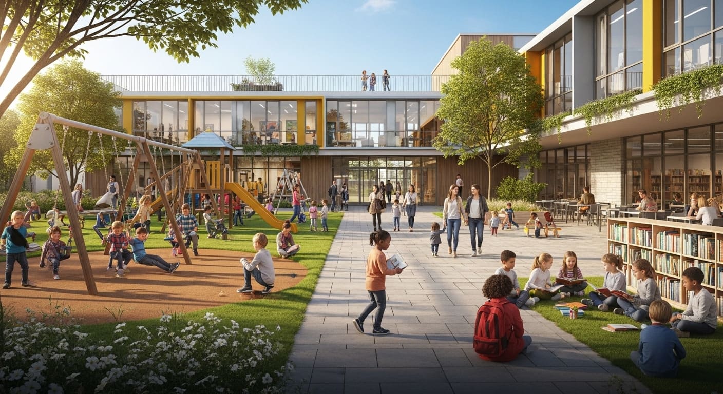 International school campus in Dubai with expat families and children outside