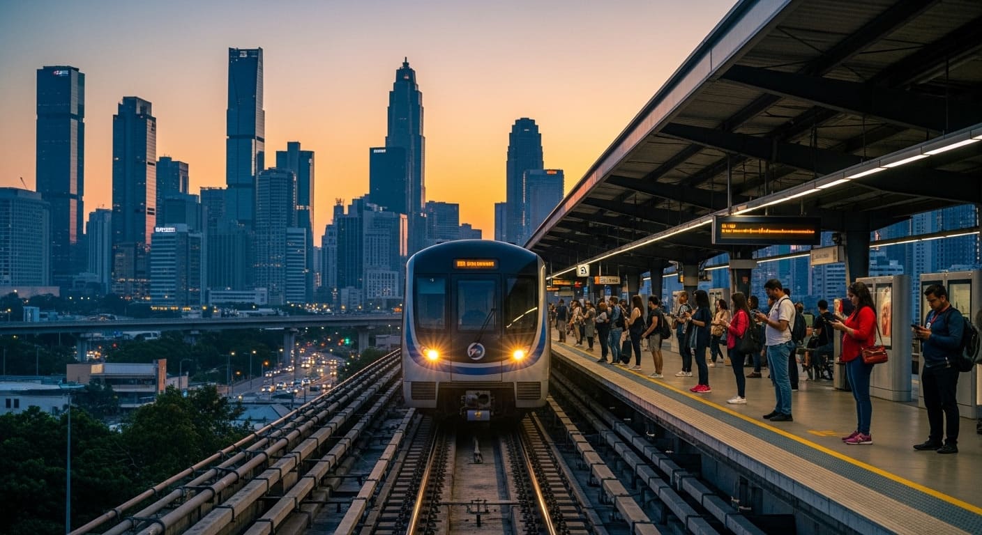 Dubai metro train at modern station with city skyline backdrop showing transport for expats