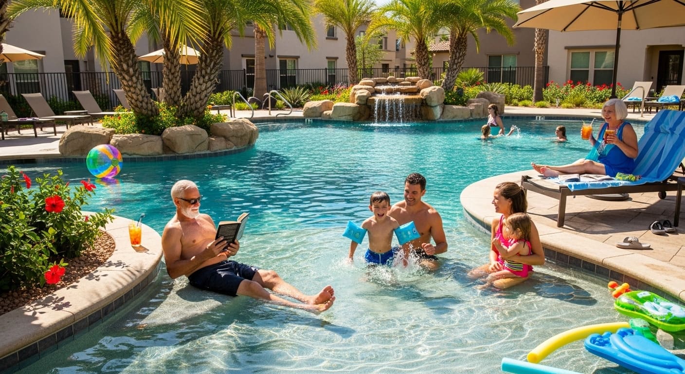 Family spending leisure time at resort‑style pool in a Dubai residential community