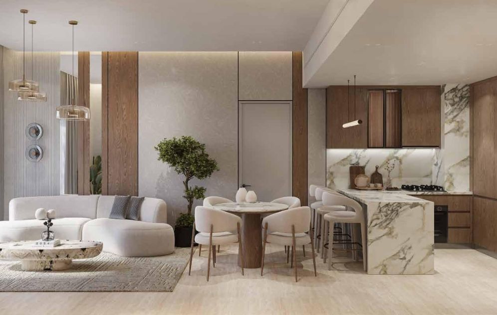 Modern Dubai apartment open plan living dining kitchen design