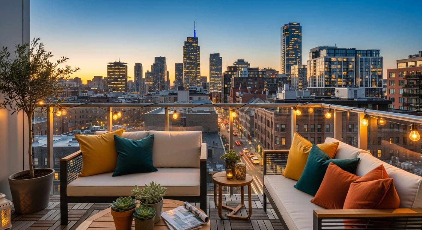 Dubai apartment balcony outdoor seating with city view