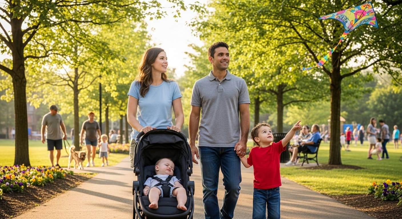 Family walking in community park in Dubailand Dubai residential area