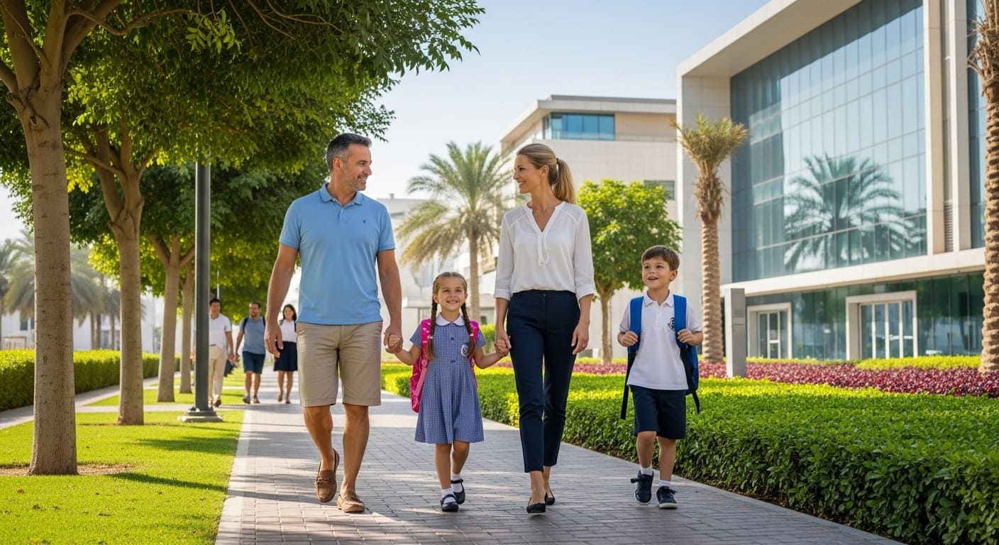 Expat family walking children on way to top school in Dubailand community
