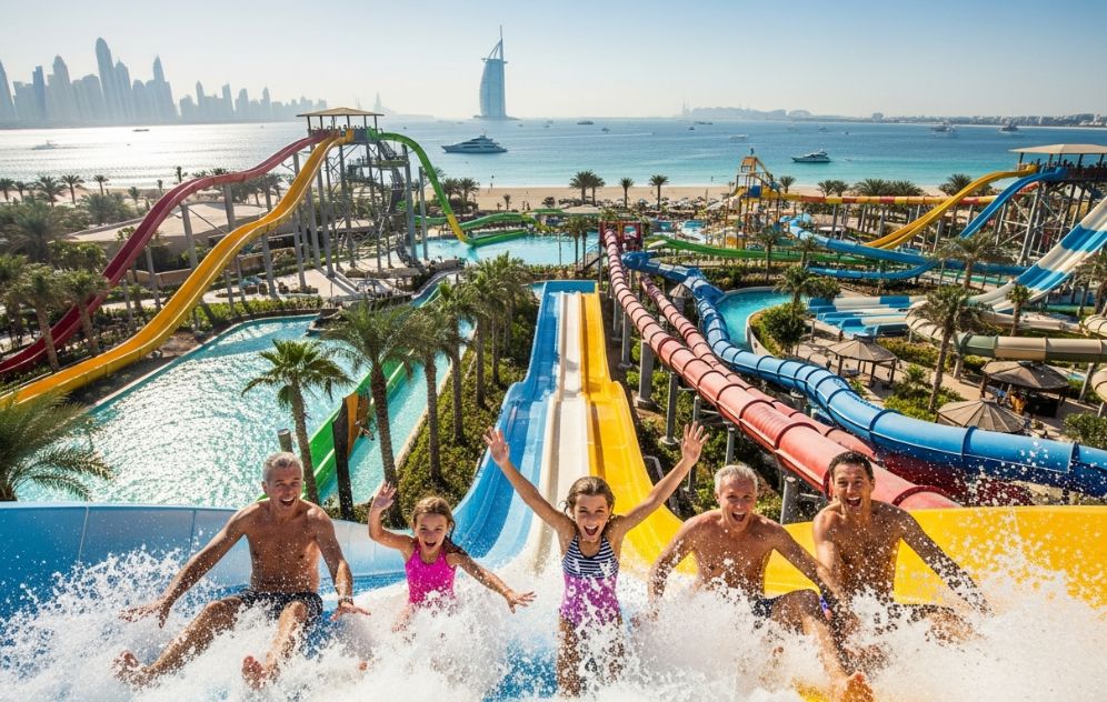 Family in waterpark ride at Dubai beach‑side resort for kids