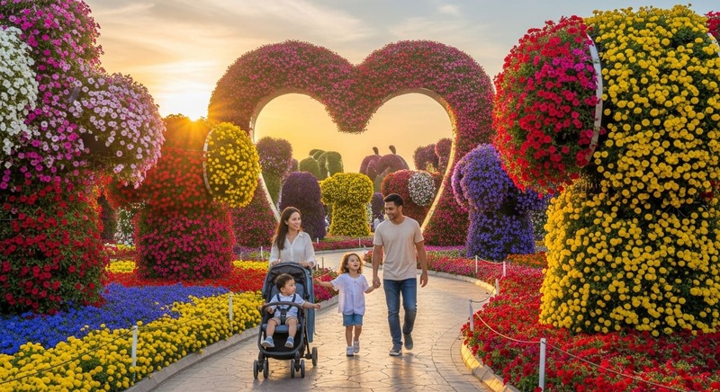 Family walking among floral sculptures at Dubai Miracle Garden