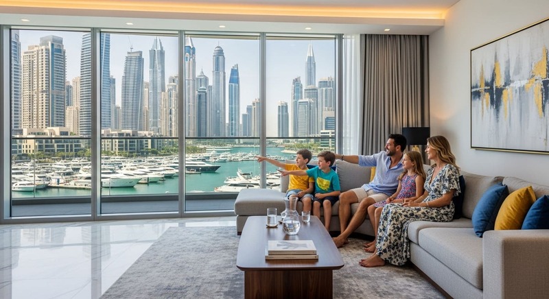 Family gathering in luxury apartment Dubai Marina waterfront view