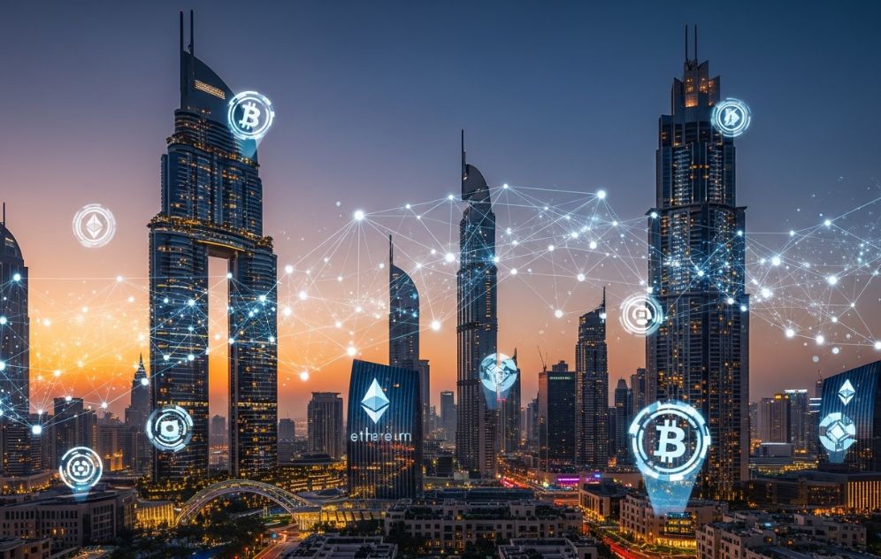 Dubai skyline with digital blockchain overlay representing innovation in real estate investment 2026.
