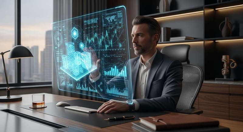 Investor viewing tokenized property dashboard symbolizing Dubai’s digital off-plan real estate market.