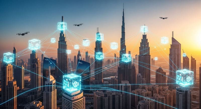 Dubai futuristic skyline connected by blockchain nodes showing the future of digital property investment.
