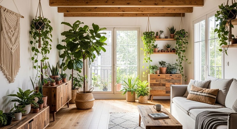Sustainable apartment interior with natural wood textures, daylight, and indoor greenery.