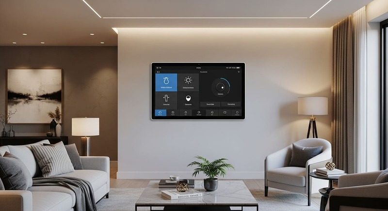 Smart home system in a luxury Dubai apartment with touchscreen control and elegant design.