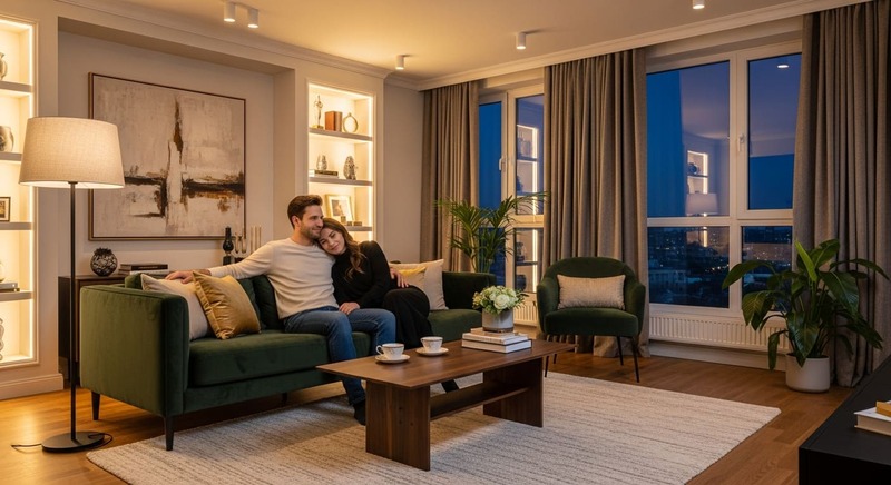 Couple relaxing in their luxury boutique apartment with elegant interiors and warm lighting.