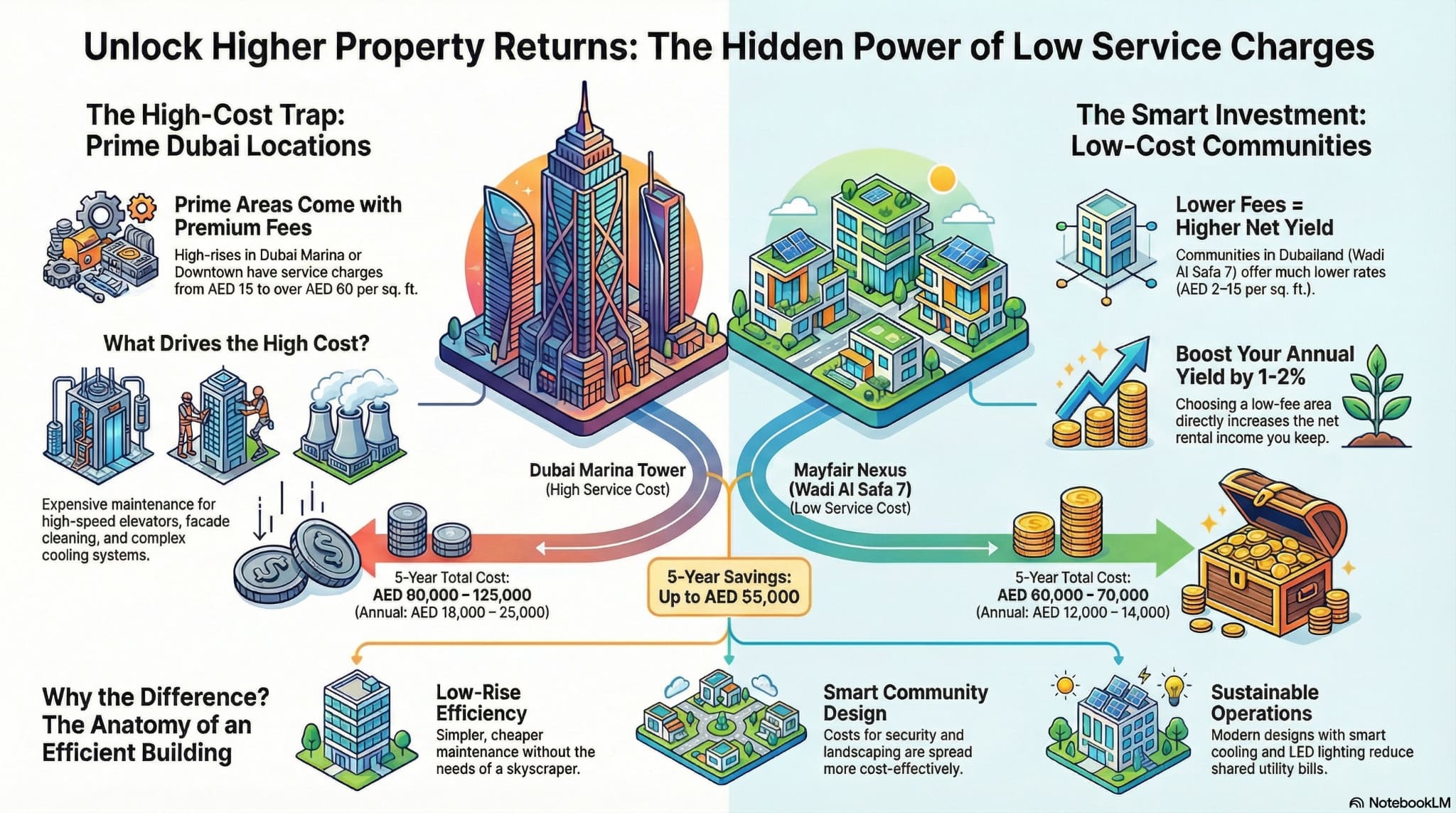 Infographic comparing service charges: Dubai Marina vs. Wadi Al Safa 7, showing AED 55,000 savings and higher net yields.
