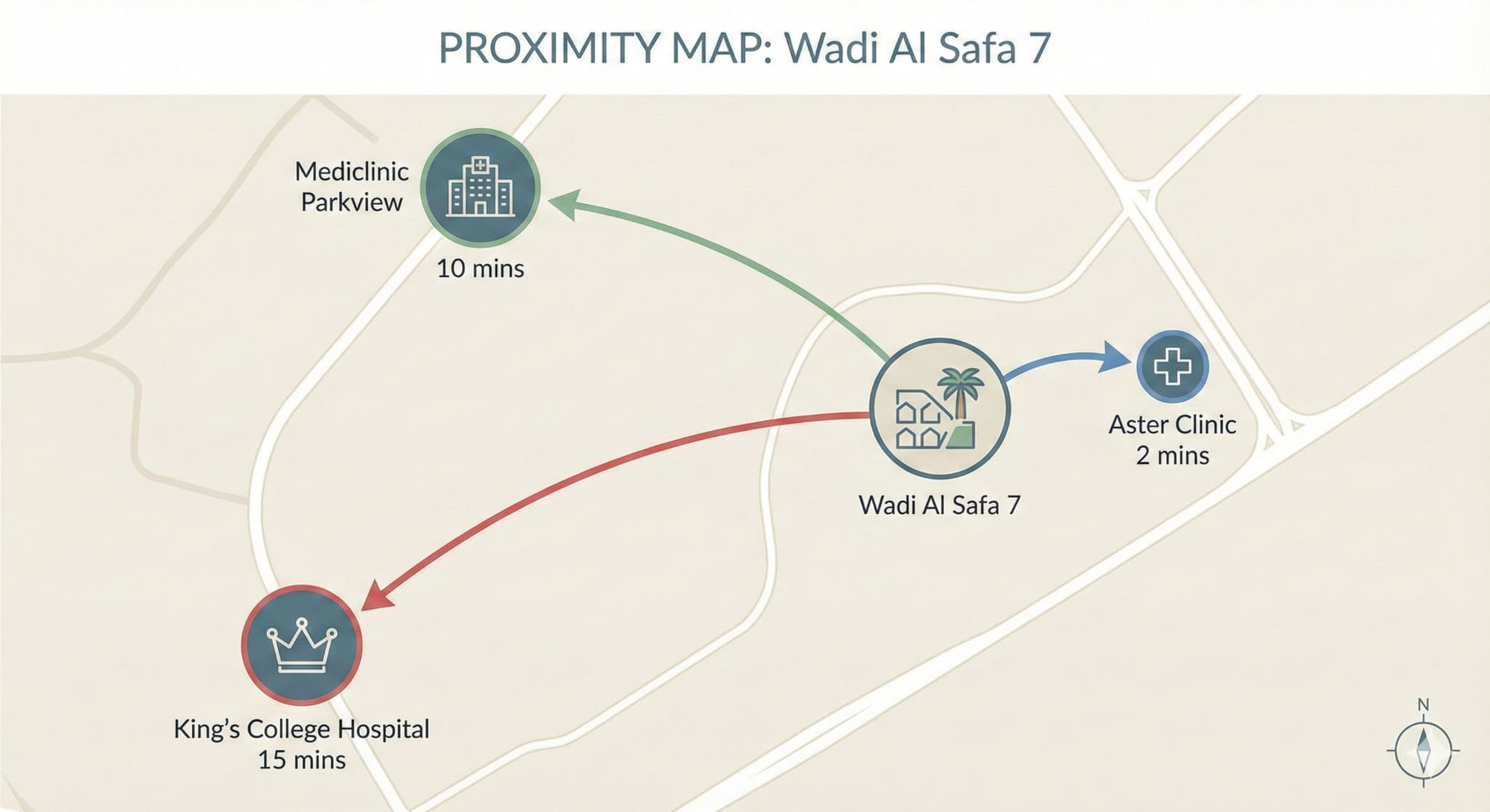 Map showing hospitals near Wadi Al Safa 7 Dubai.