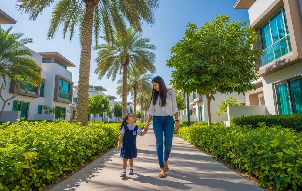 Mother walking child to Ranches Primary School in Wadi Al Safa 7 Dubai.