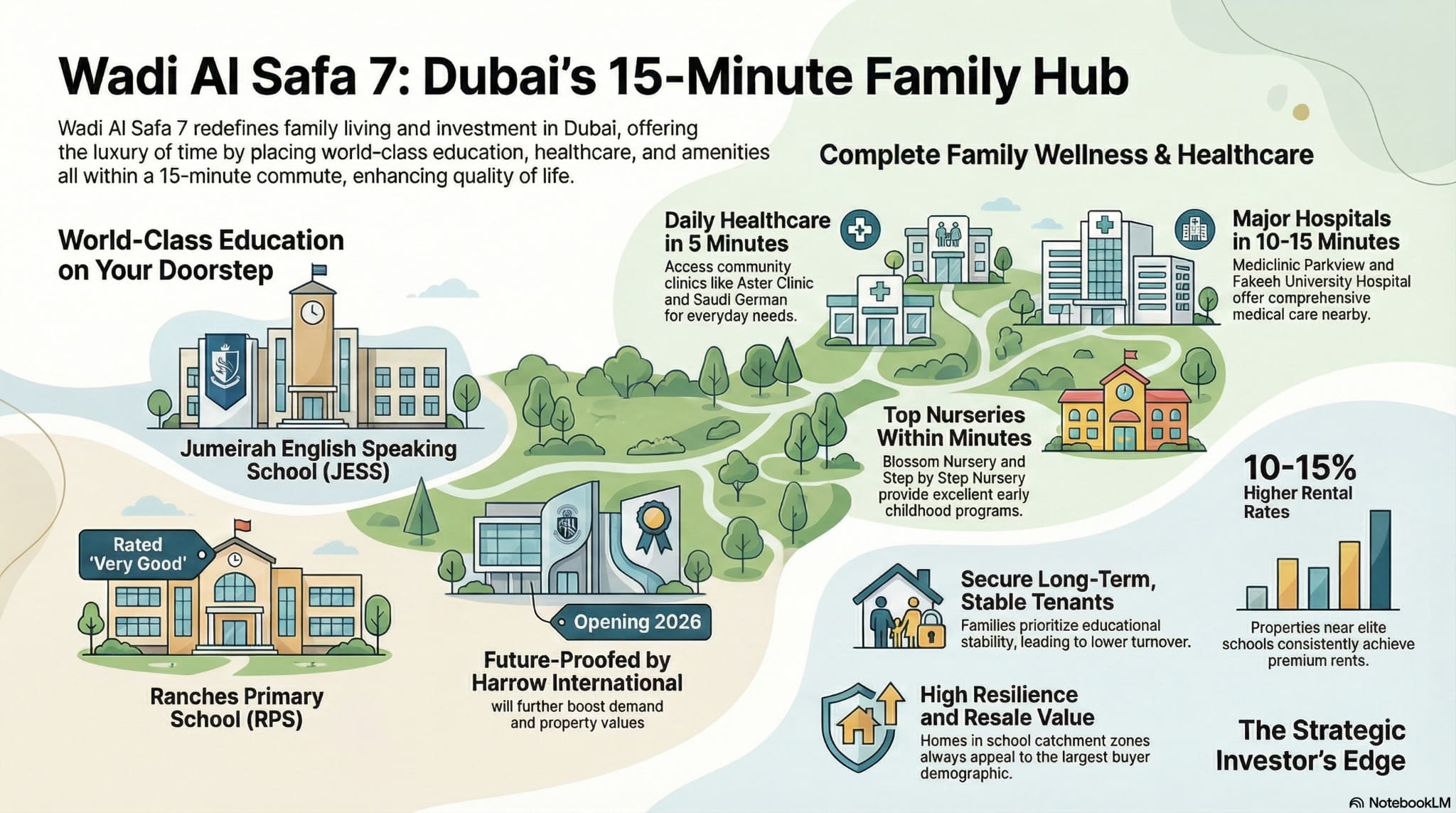 Infographic showing schools, nurseries, healthcare, and rental value benefits of living in Wadi Al Safa 7 Dubai.