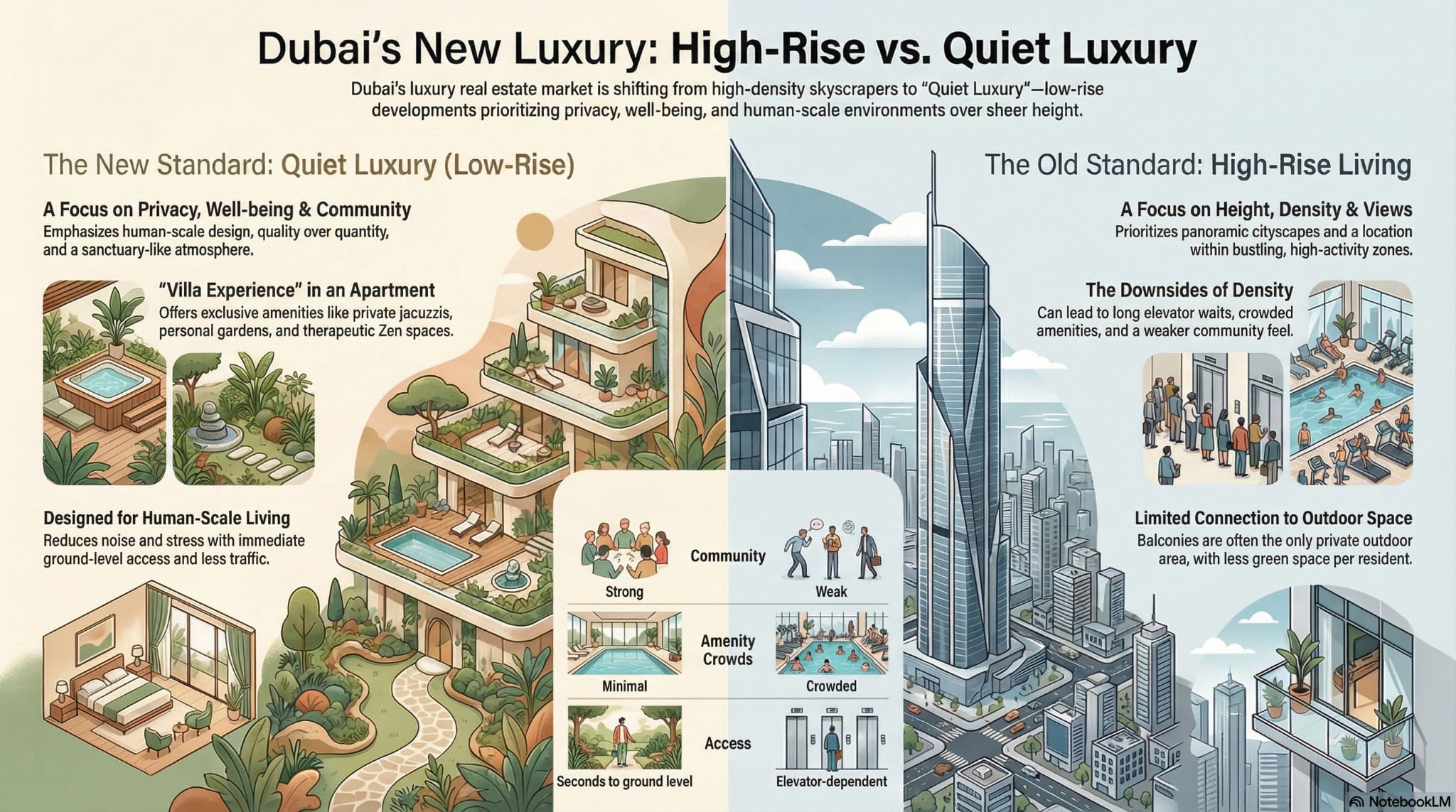 Infographic comparing Dubai low-rise Quiet Luxury vs high-rise living, highlighting privacy, wellness, and density trade-offs.