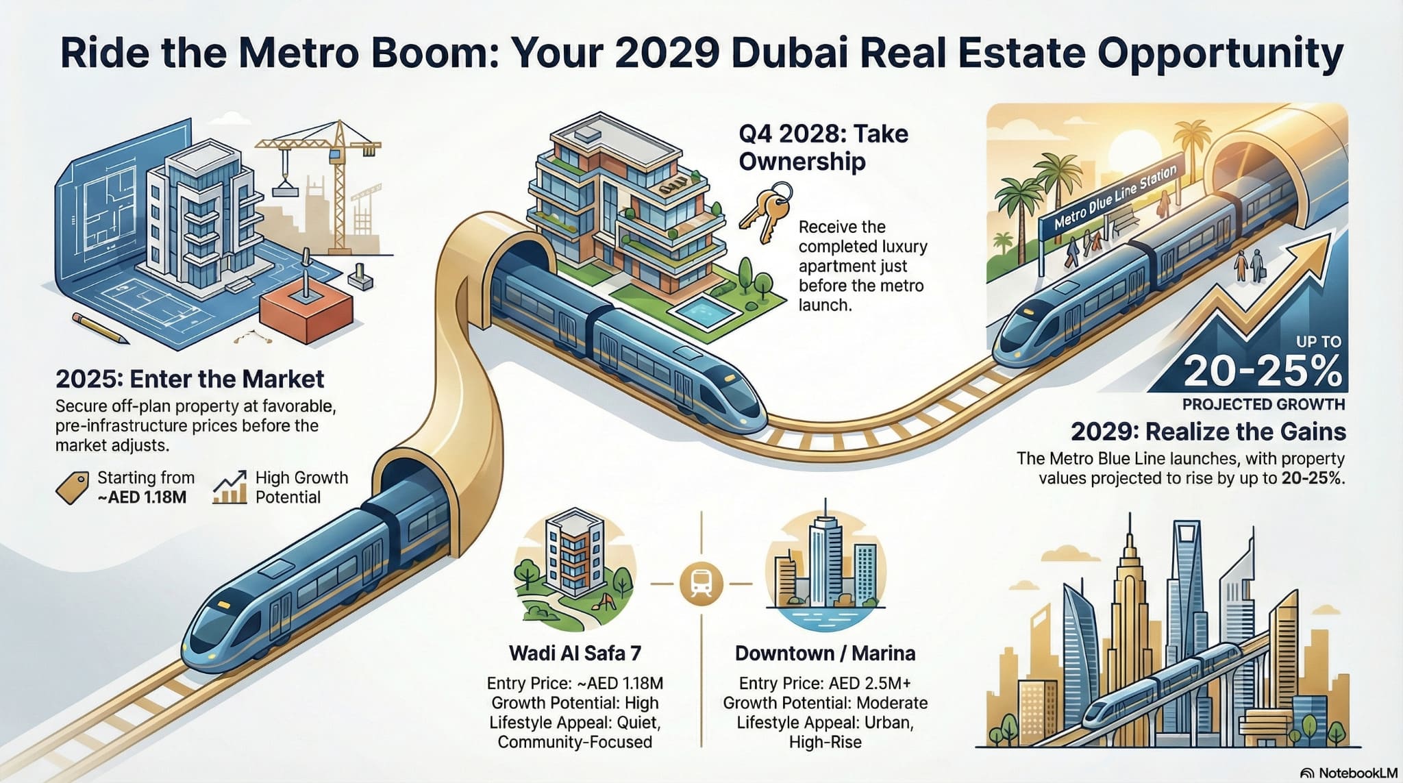 Dubai Metro Blue Line real estate infographic showing 2025 entry, 2028 handover, and 2029 growth up to 25% in Wadi Al Safa 7.