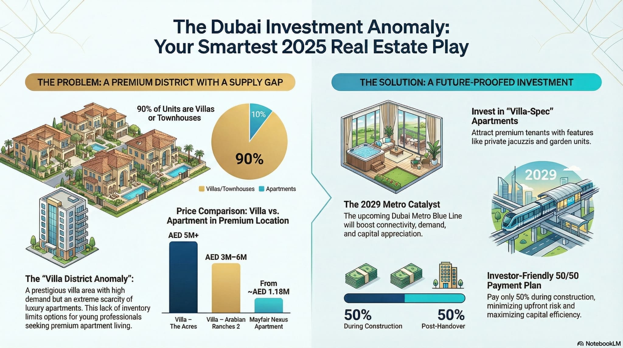 Dubai investment anomaly infographic showing villa supply gap, apartment pricing, metro impact, and 50/50 payment plan