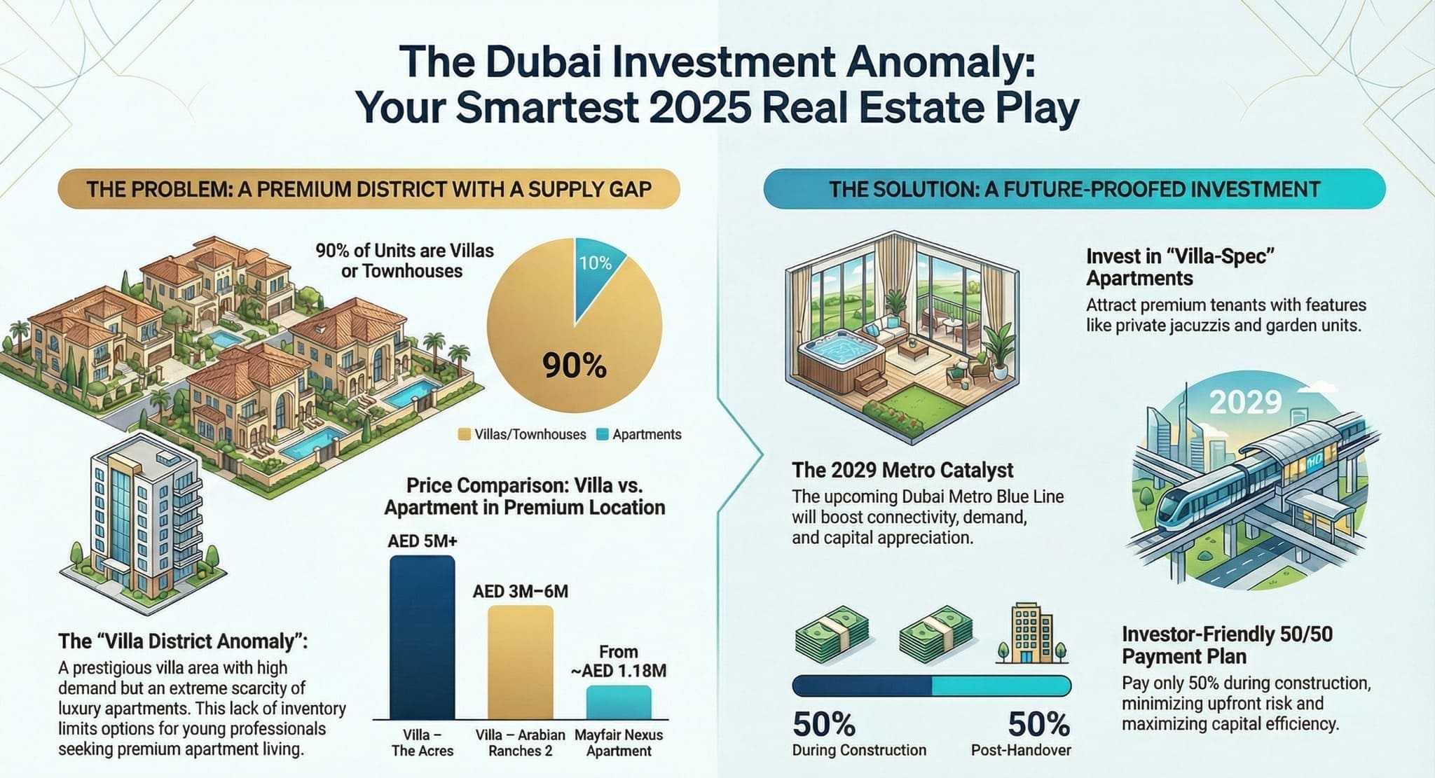 Dubai investment anomaly infographic showing villa supply gap, apartment pricing, metro impact, and 50/50 payment plan