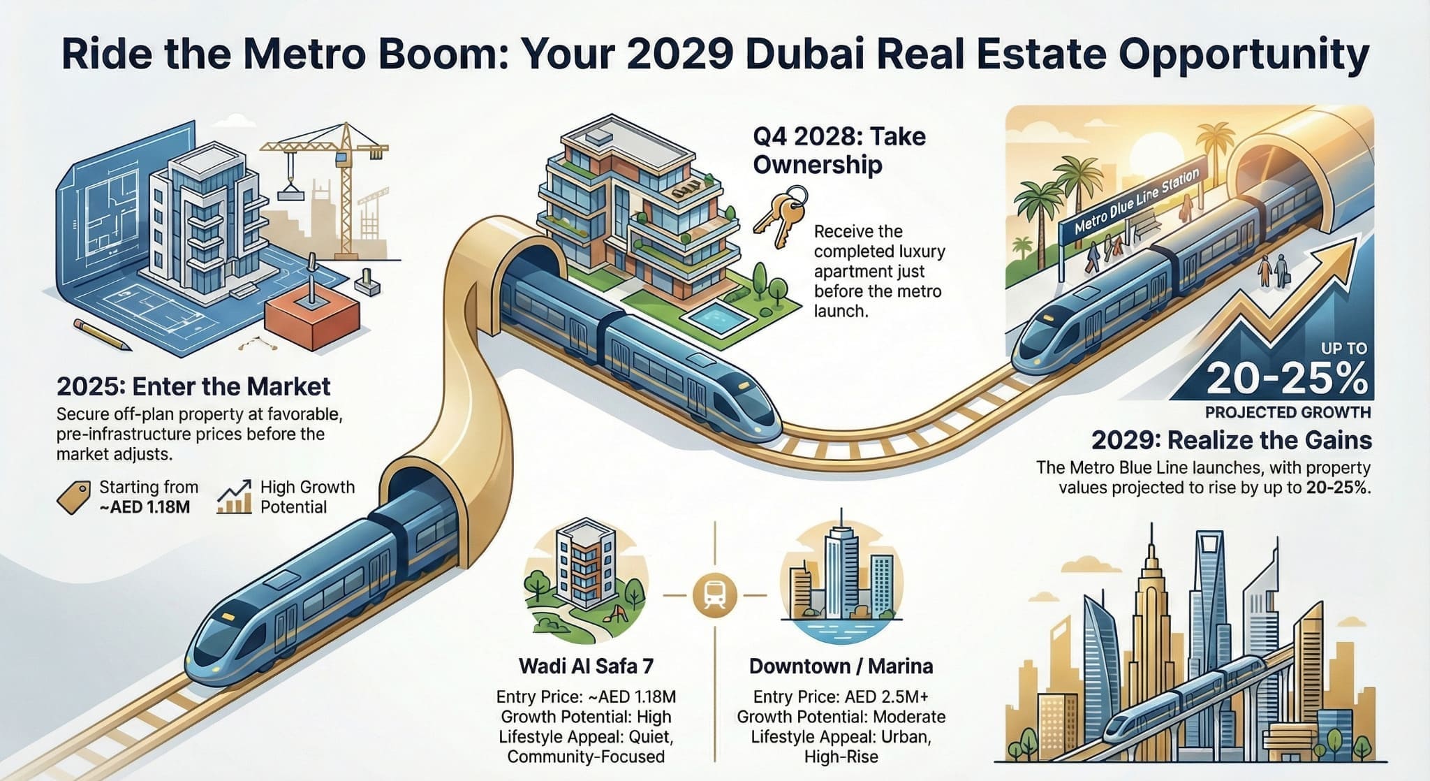 Dubai Metro Blue Line real estate infographic showing 2025 entry, 2028 handover, and 2029 growth up to 25% in Wadi Al Safa 7.