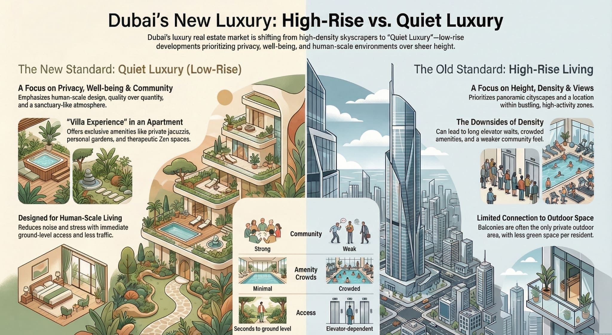 Infographic comparing Dubai low-rise Quiet Luxury vs high-rise living, highlighting privacy, wellness, and density trade-offs.