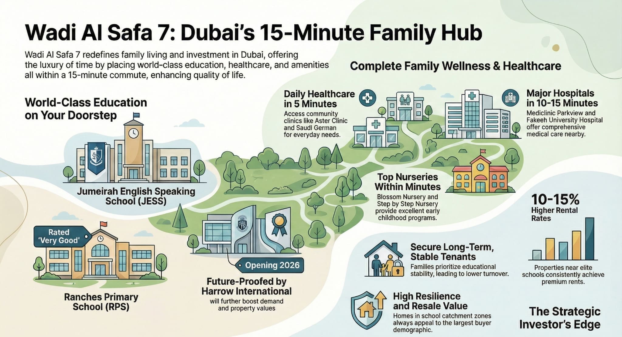 Infographic showing schools, nurseries, healthcare, and rental value benefits of living in Wadi Al Safa 7 Dubai.