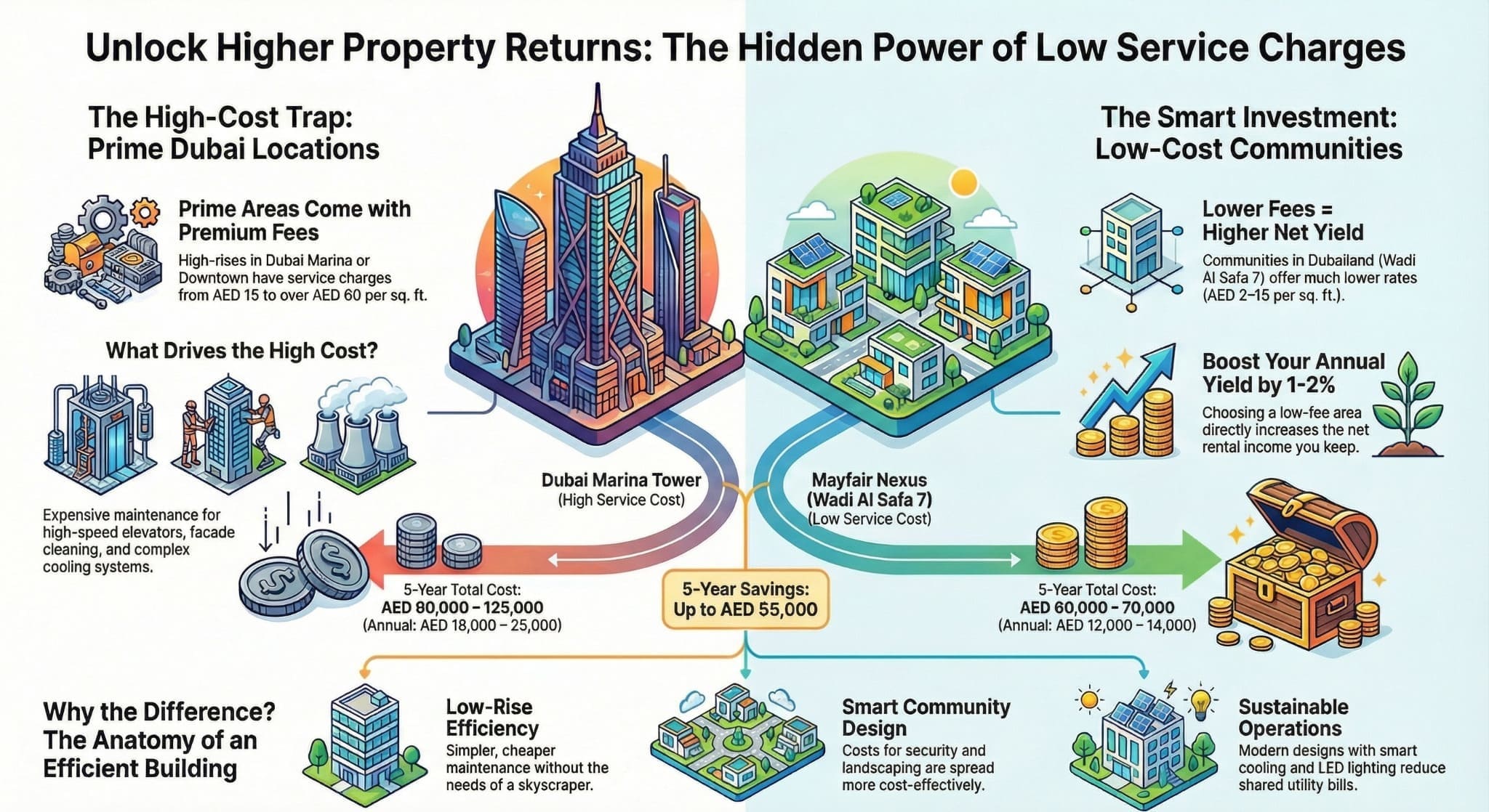 Infographic comparing service charges: Dubai Marina vs. Wadi Al Safa 7, showing AED 55,000 savings and higher net yields.