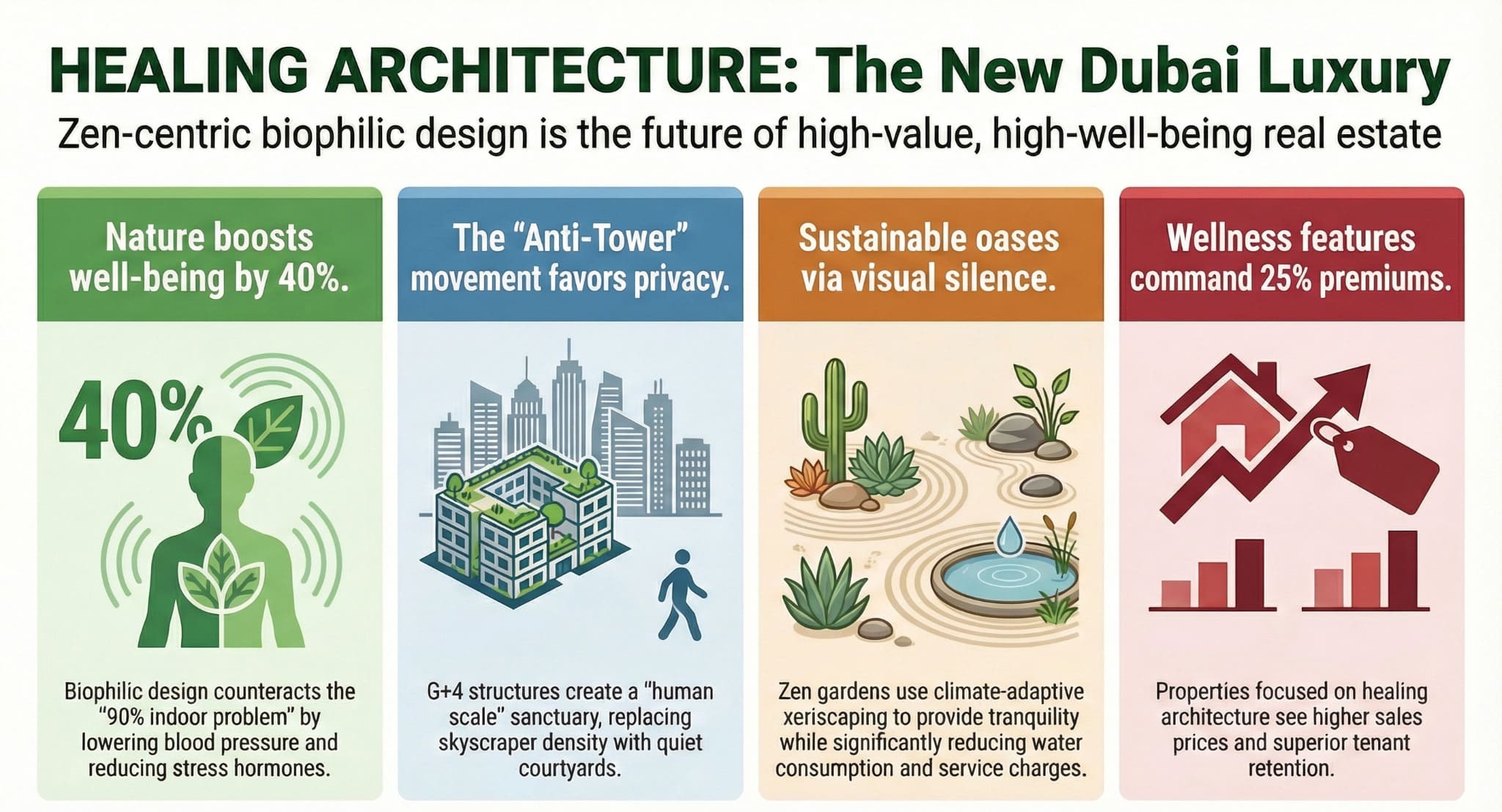 Infographic: 4 benefits of biophilic design in Dubai, highlighting 40% well-being boost and 25% higher property premiums.