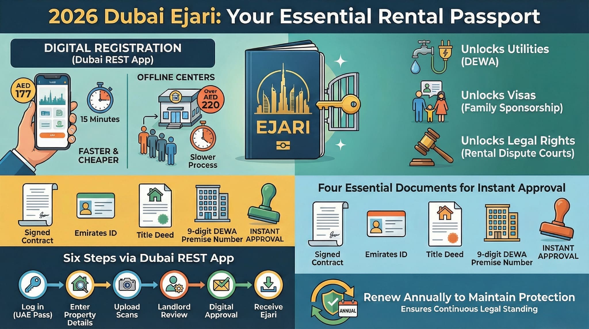 Dubai Ejari 2026 rental passport infographic: AED 177 digital registration unlocks DEWA visas legal rights documents