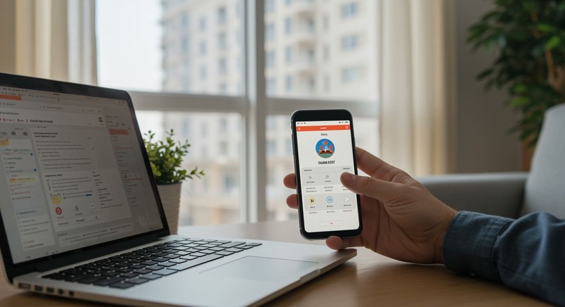 Online Ejari registration process Dubai apartment tenant using Dubai REST app laptop smartphone home 2026