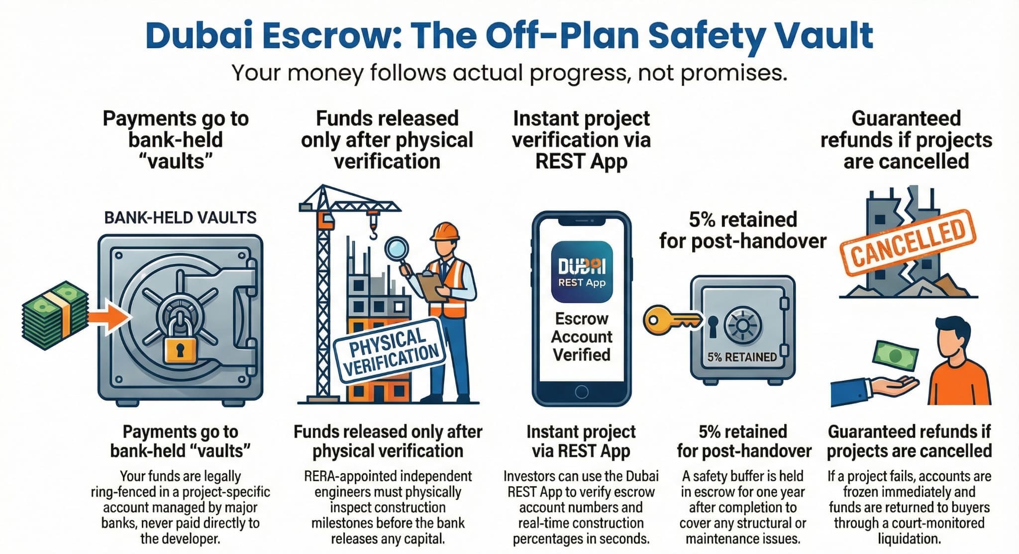 Dubai escrow off-plan safety vault infographic: bank-held funds physical verification REST App 5% retention refunds