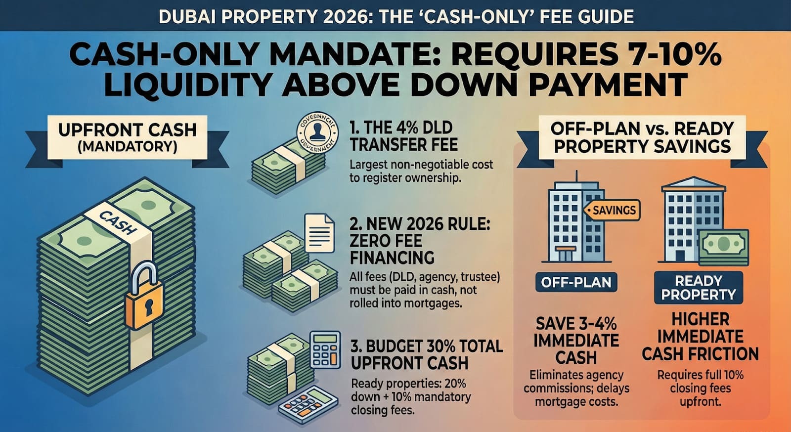 Dubai property 2026 cash-only fee guide: 4% DLD transfer 7-10% closing costs off-plan vs ready savings budget planning