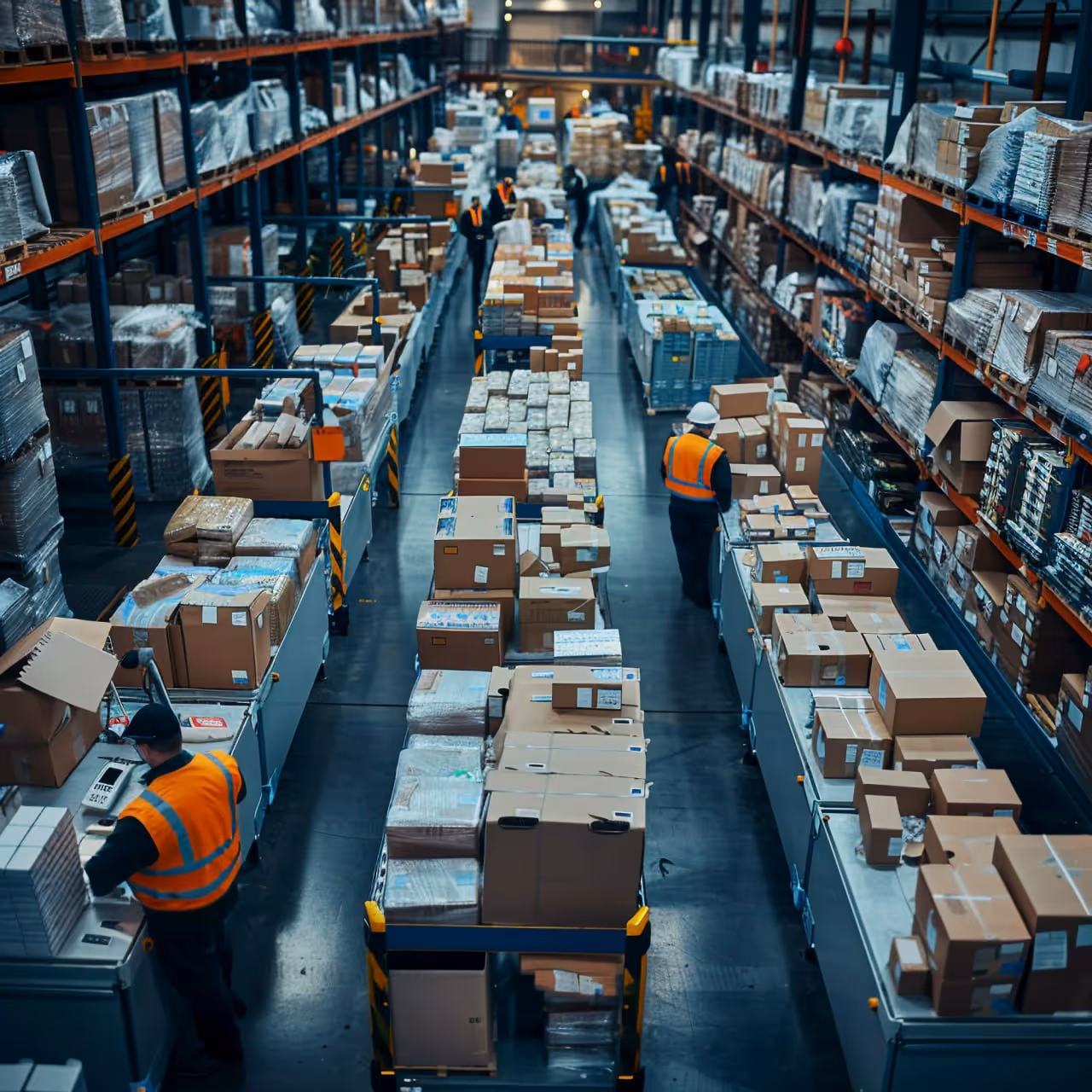 Workers in orange vests sorting packages on conveyor belts inside a large warehouse.