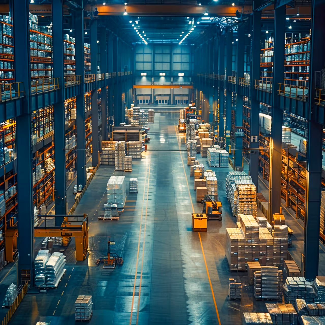 Large warehouse aisle with stacked pallets and forklifts under bright ceiling lights.