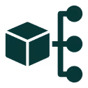 Green 3D cube with connected vertical and horizontal lines ending in circles resembling a network or circuit.