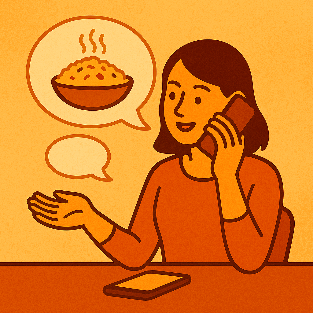 Illustration of a woman talking on the phone with a speech bubble showing a steaming bowl of food.