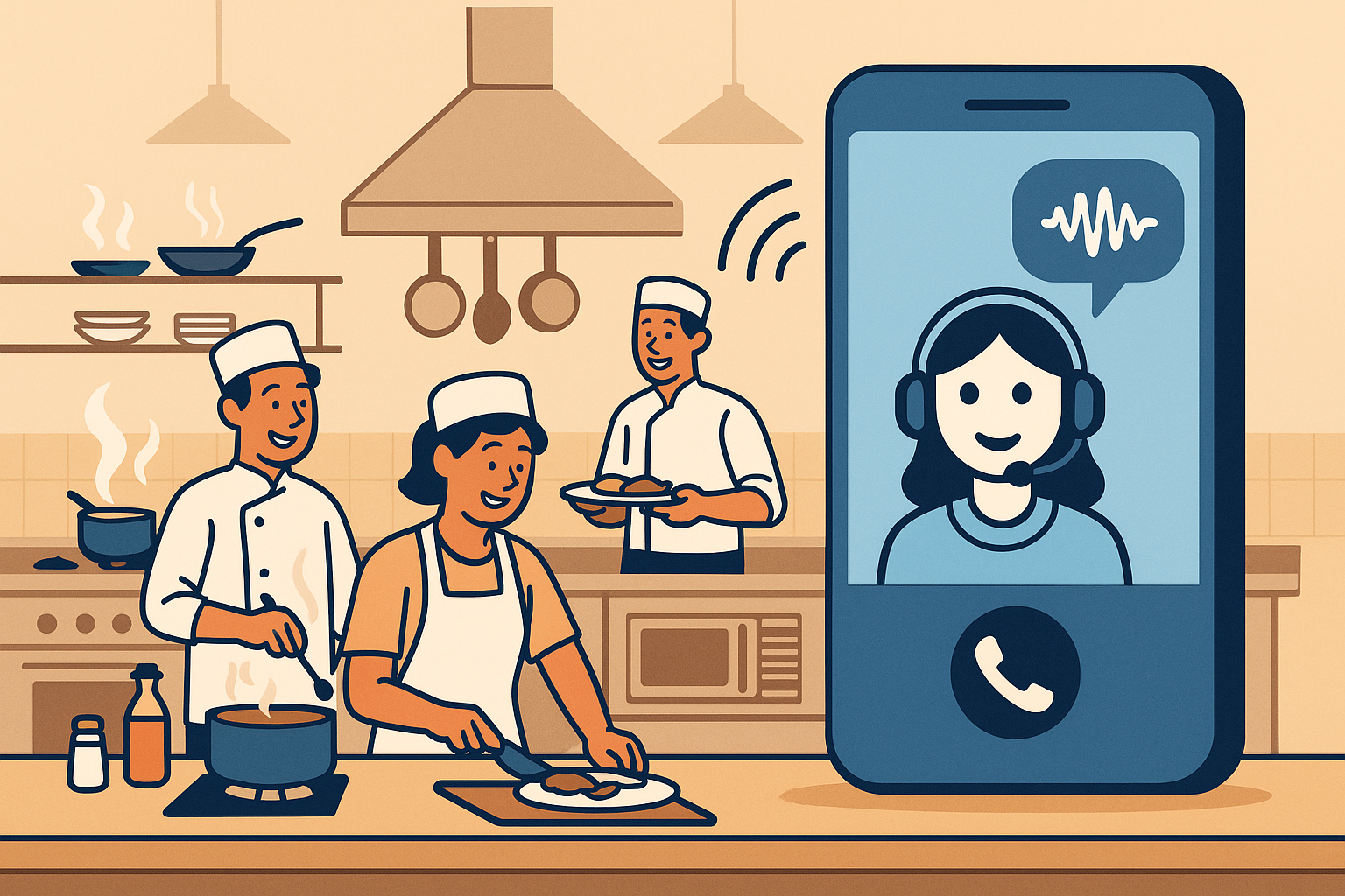 Illustration of three chefs cooking and preparing food in a kitchen with a large smartphone showing a woman with a headset for voice communication.