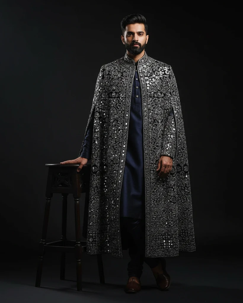 Black cape suit on stool - Wed and Wogue