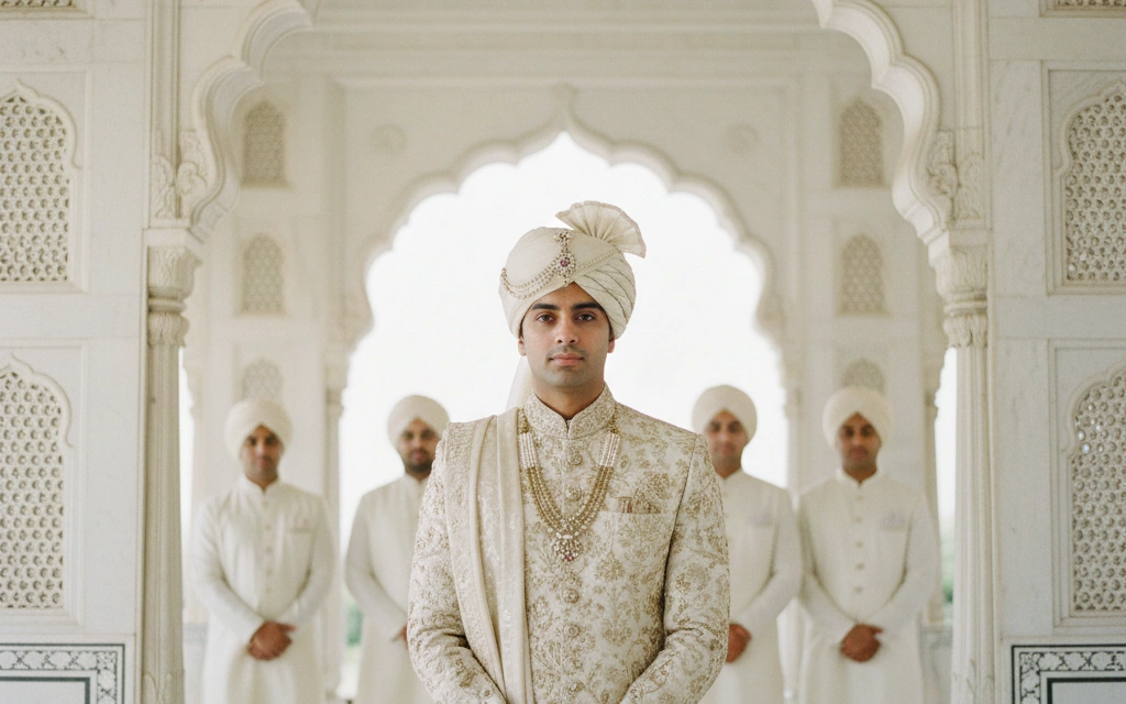 Groom at arch with groomsmen - Wed and Wogue
