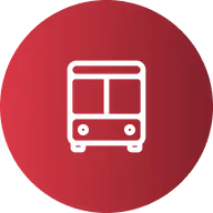 White tram icon centered on a round red gradient background.