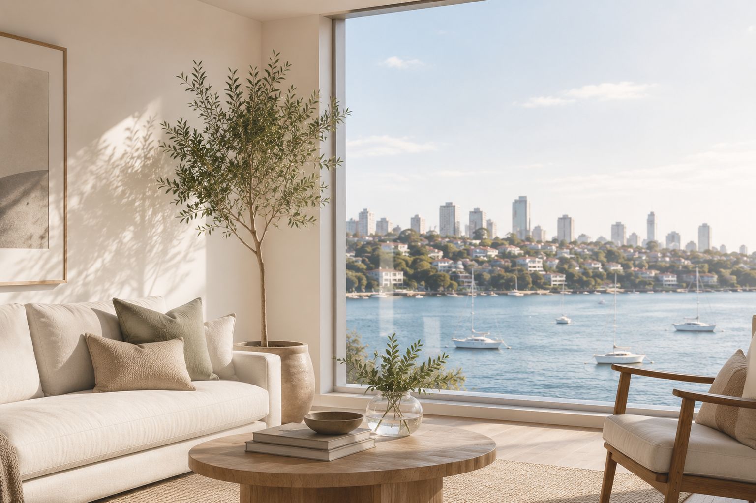 Living room with beige sofa, wooden chair, round coffee table, large window showing waterfront city skyline.