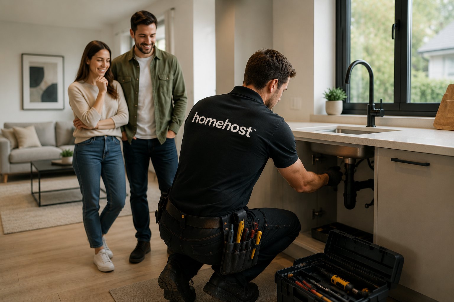 Technician kneeling to fix kitchen sink pipe while a smiling couple watches nearby in modern home.