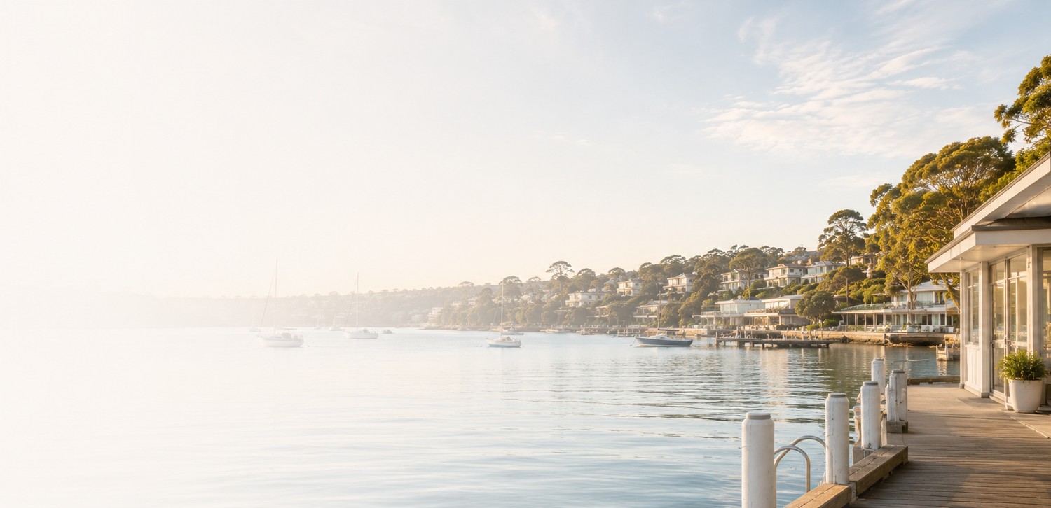 Calm waterfront scene at dawn with sailboats anchored in gentle water, modern houses on a tree-covered hillside, and a wooden pier with white posts and glass-fronted building on the right.
