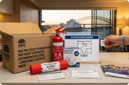 A fire safety kit for NSW short term rental accommodation on a table, including a cardboard box with NSW Fire Safety Standards text, a fire extinguisher, a kitchen fire blanket, an interconnected smoke alarm, a laminated A4 evacuation diagram, safety instruction cards, and a hand holding a small white device, with the Sydney Opera House and Harbour Bridge visible through a window in the background.